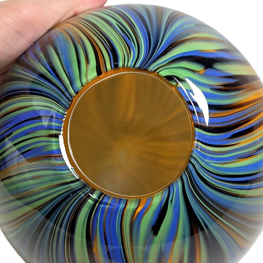 Vintage Hand Blown Art Glass Swirl Sphere Vase Blue Green Amber Feather Orb VTG